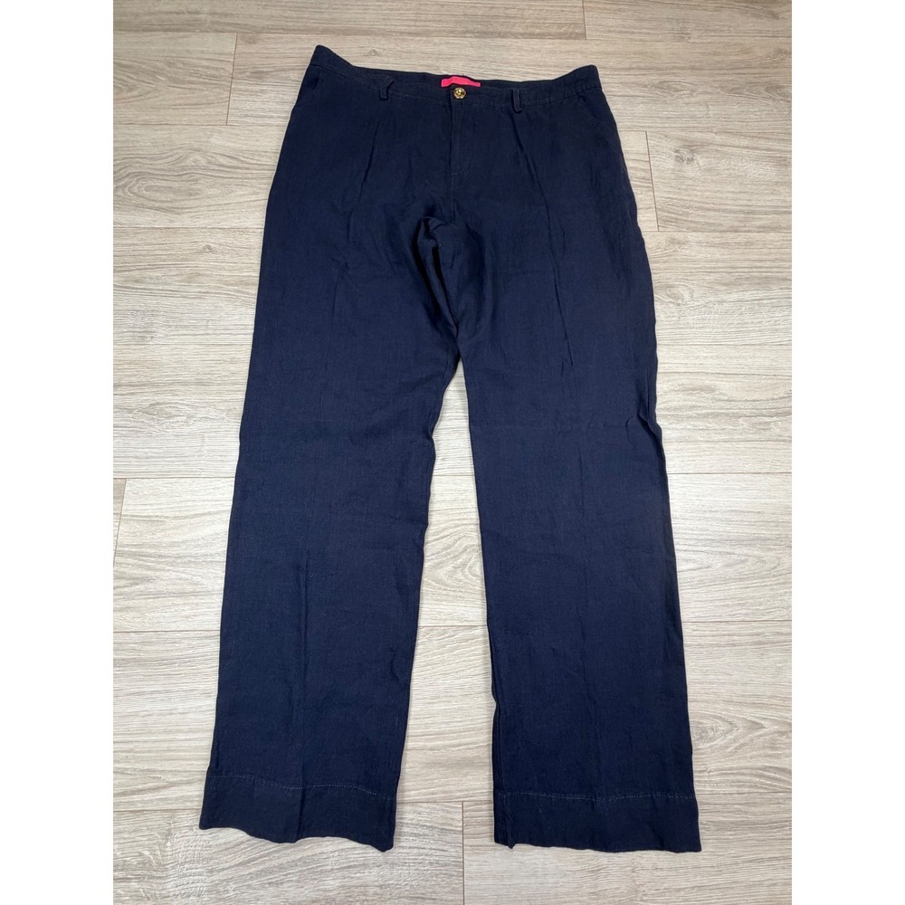 Lilly Pulitzer Navy Blue 100% Linen Wide Leg Pants Trousers Size 16 013056